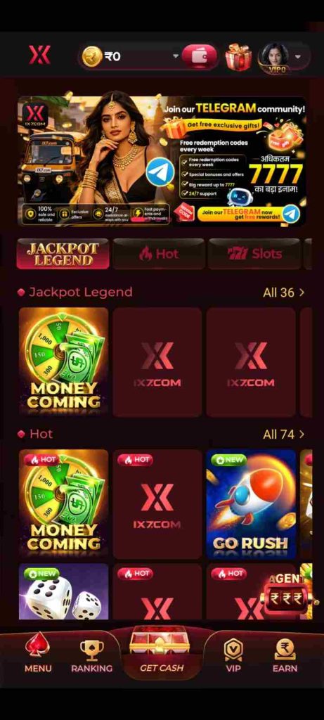 IX7 Game APK and IE777 Game App interface on Android smartphone